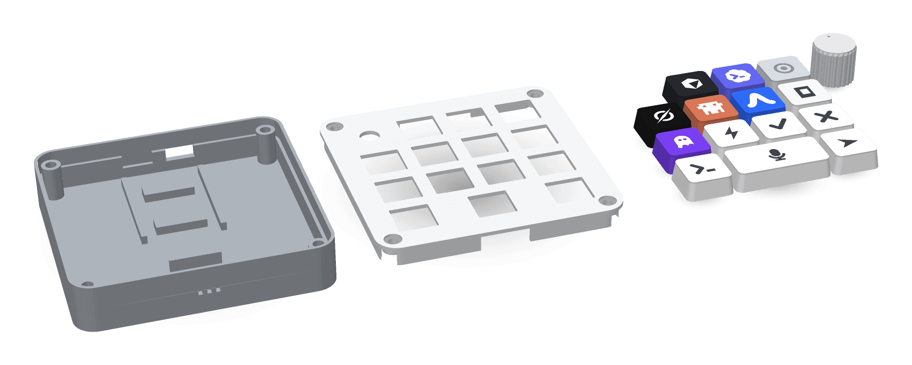 Printable parts — tray, plate, keycaps, knob
